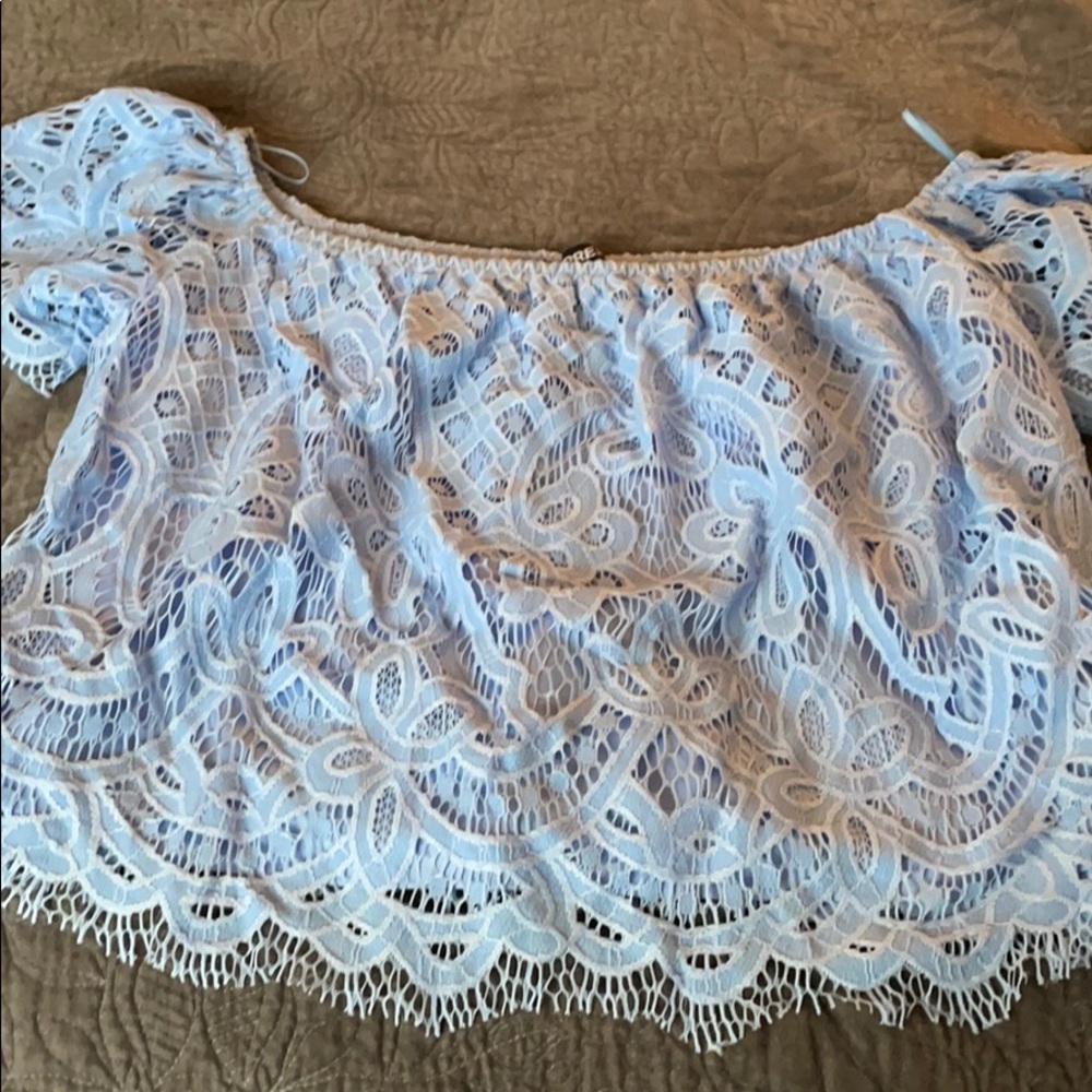 Light blue lace off the shoulder crop top